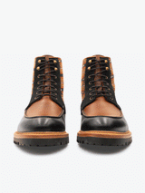Front view of limited edition Brooklyn 1997 Symmetry Moc Boot. Handcrafted jacquard cloth with luxurious Italian suede, fullgrain black and cognac leather, lasted on our commando sole using the Goodyear method with storm welt