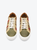 Above view of custom made limited edition Waylen sneaker. Handwoven jacquard cloth with suede and embossed woven leather stitched onto a natural white rubber sole complete with waxed white shoe laces.