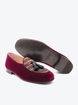 Three quater and bottom view of limited edition Leo 1976 Maroon Belgian slipper. Meticulously handwoven jacquard cloth with full grain leather trims set onto a leather sole with stacked leather heel.